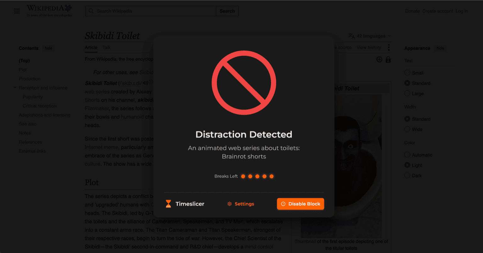 Timeslicer blocking a Wikipedia article after matching a content description