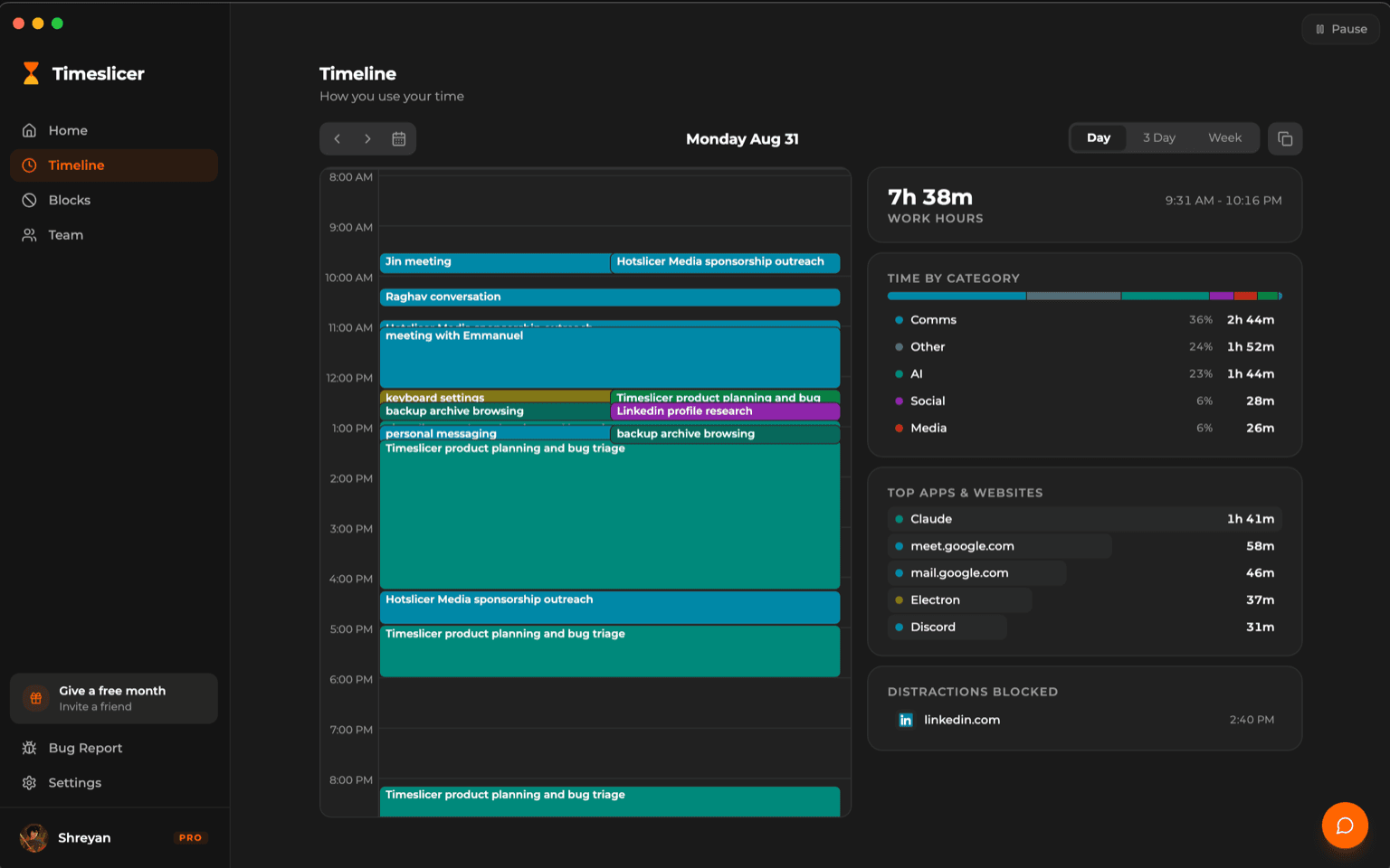 Timeslicer day view with named task blocks beside category and application totals