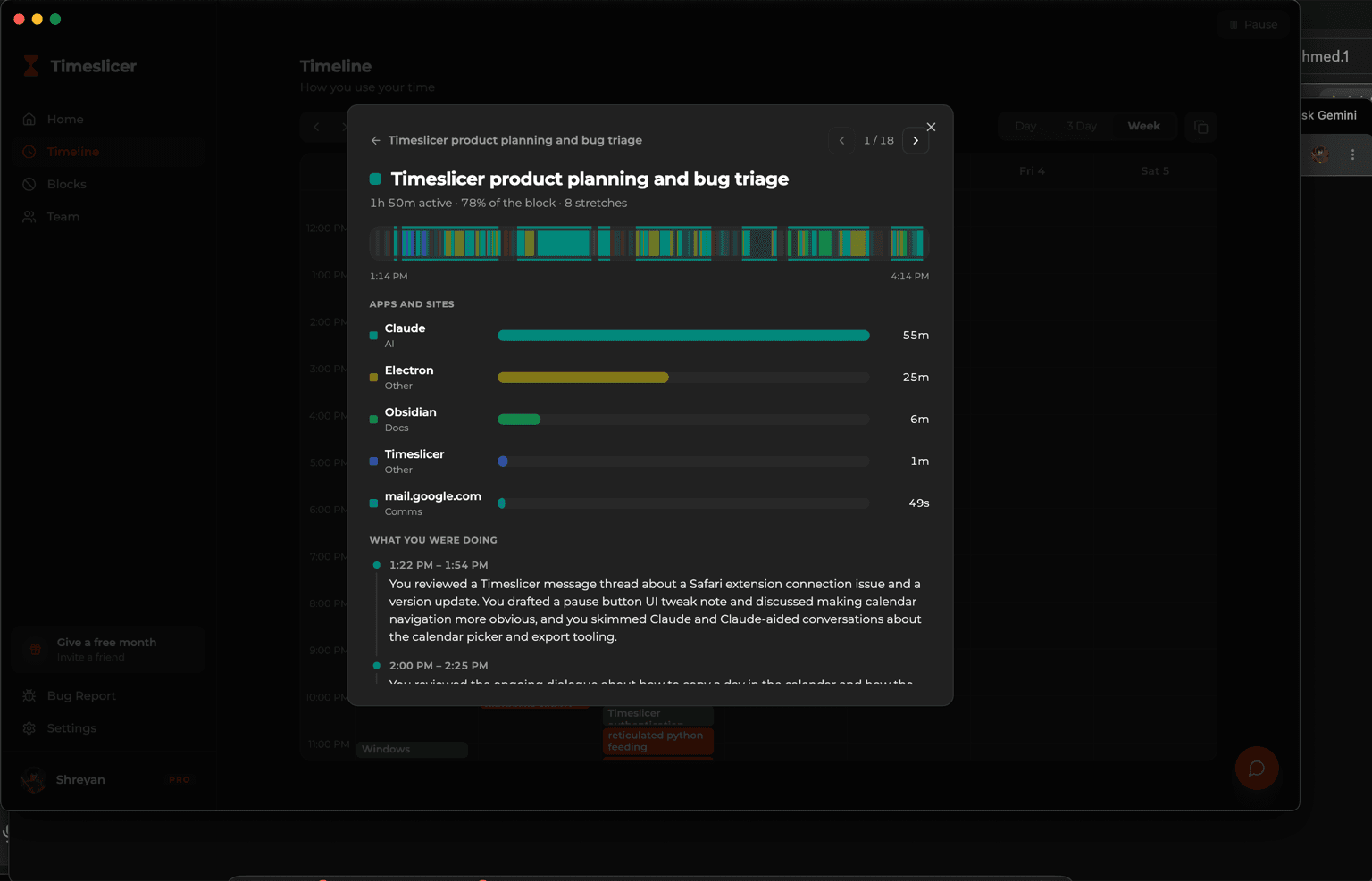 A task block expanded to show contributing apps and a written account of the work done