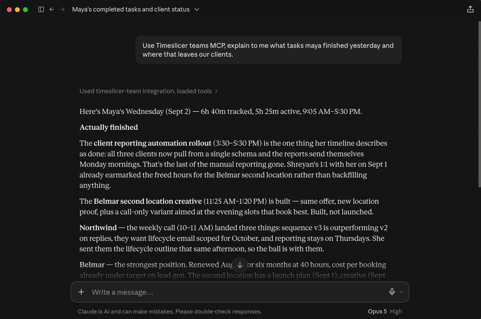 Claude answering a question about a team member's finished work using the Timeslicer teams MCP integration