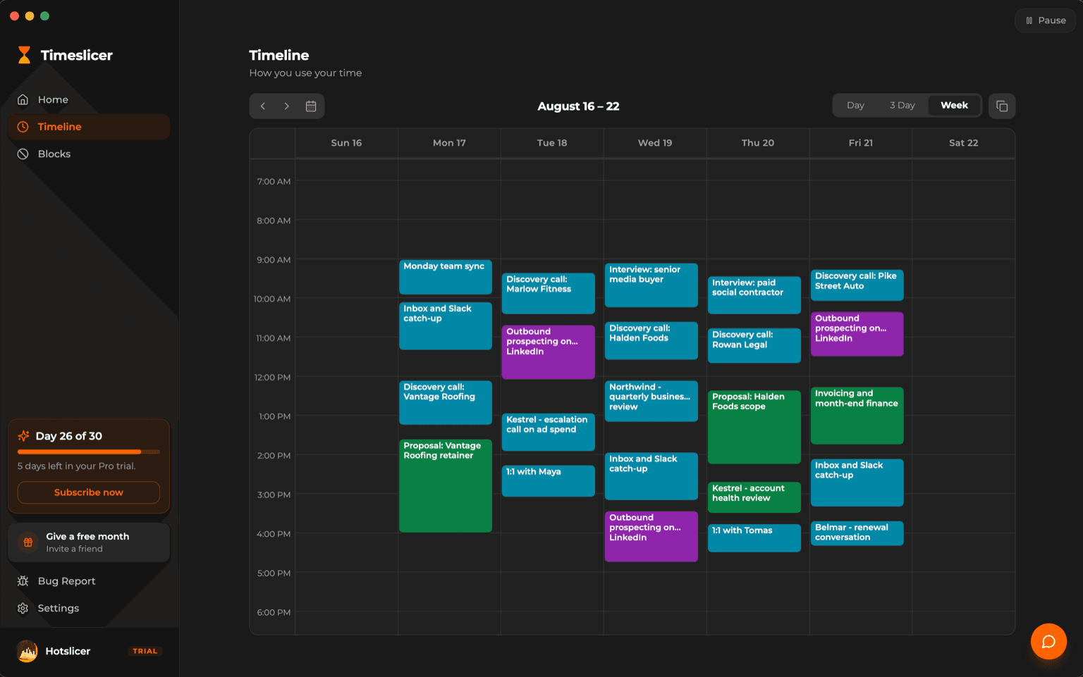 Timeslicer week view showing named task blocks across a calendar grid
