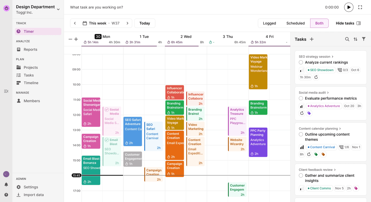 Toggl Track week view with a prompt reading what task are you working on, above coloured blocks the user has named